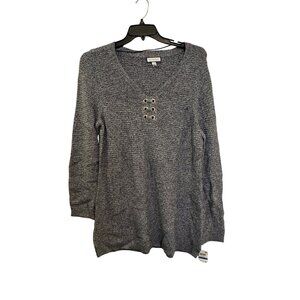 Charter Club Gray Lace-Up Knit Sweater With Gold Eyelets For Women